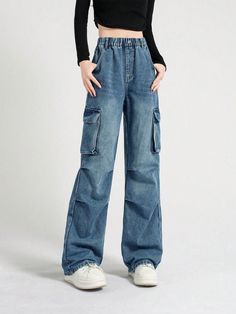 Tween Girls' Blue Casual Wide Leg Jeans, Washed Denim Cargo Pants Blue    Denim Plain Wide Leg Non-Stretch All Tween Girls Clothing, size features are:Bust: ,Length: ,Sleeve Length: Casual Wide Leg Jeans, Adrette Outfits, Blue Cargo Pants, Jeans Outfit Fall, Denim Cargo Pants, Casual Denim Pants, Girls Fall Outfits, Denim Cargo, Denim Pants Women