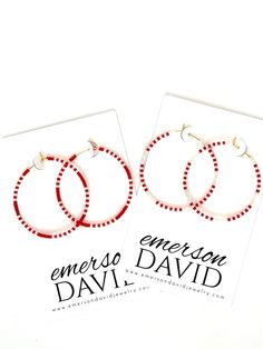 Show your spirit for your favorite team with our handcrafted, lightweight earrings featuring Miyuki Delica seed beads, hand strung onto gold plated, hypoallergenic, tarnish resistant stainless steel hoops or unplated hypoallergenic, tarnish resistant stainless steel hoops. Available in two sizes and two color options.   Please indicate in order comments:  Red w/white  OR  White w/red 40mm = 1.57 inches 35mm = 1.38 inches Round Heishi Beads Earrings Gift, Gift Heishi Beads Round Hoop Earrings, Heishi Beads Small Hoop Earrings As Gift, Gift Round Heishi Beads Hoop Earrings, Small Hoop Heishi Beaded Earrings As Gift, Small Hoop Heishi Beads Earrings For Gift, Gift Hoop Earrings With Heishi Beads, White Hoop Earrings With Tiny Beads, Seed Bead Hoop Earrings