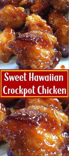 sweet hawaiian crockpot chicken on a white plate with the title overlay reads, sweet hawaiian crockpot chicken