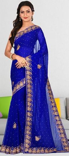 Blue color Saree in Georgette fabric with Cut Dana, Stone work Blue Color Saree, Blouse Pictures, Bridal Mehendi, Wedding Blue, Georgette Fabric, Stone Work, Bridal Saree, Blouse Length, Indian Beauty Saree