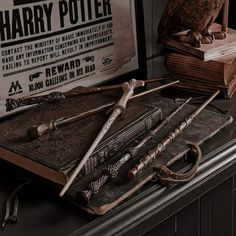 an owl sitting on top of a table next to harry potter books and wands