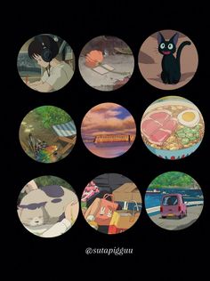 several circular pictures with cats and food in them