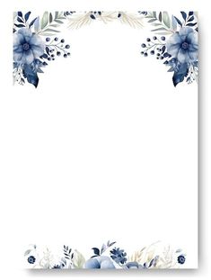 a blue and white floral frame with flowers on the bottom, in front of a white background