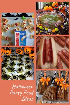 halloween party food ideas including hotdogs, candy bars and desserts are featured in this collage