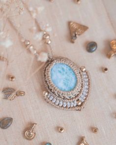 Bohemian Larimar Necklace For Gift, Bohemian Larimar Jewelry With Natural Stones, Bohemian Larimar Natural Stone Jewelry, Bohemian Blue Larimar Jewelry, Bohemian Jewelry Gift, Macrame Pendant, Small Macrame, Amulet Necklace, Larimar Stone