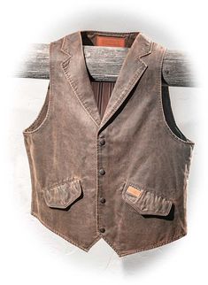 Concealed Carry Canvas Trail Vest | Russell's For Men Rustic Brown Outdoor Outerwear, Western Leather Outerwear With Snap Buttons, Fitted Western Outerwear With Pockets, Fitted Western Outerwear For Outdoor, Vintage Brown Rugged Outerwear With Pockets, Western Leather Outerwear For Rodeo, Rugged Distressed Brown Outerwear For Outdoor, Western Style Leather Outerwear For Rodeo, Western Leather Outerwear For Ranch