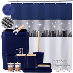 blue bathroom accessories with white shower curtain