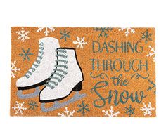 a door mat that says dashing through the snow with ice skates on it