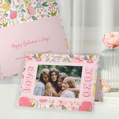 Cute modern pink floral love xoxo typography custom photo Happy Galentines's Day folded greeting card.