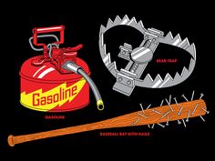 two different types of tools are depicted in this graphic art work, including a gas can with nails and a bear trap