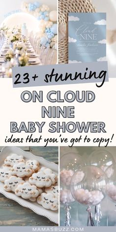 cloud nine baby shower ideas Cute Boy Baby Shower Themes, Cloud Theme Baby Shower Ideas, Cloud 9 Baby Shower Theme, Cloud Nine Theme, Cloud Balloons, Cloud Baby Shower Theme, Gender Neutral Baby Shower Ideas, Jordan Baby Shower