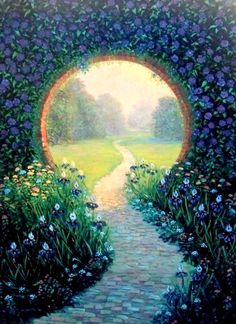 a painting of a garden with flowers and a path leading to the light at the end