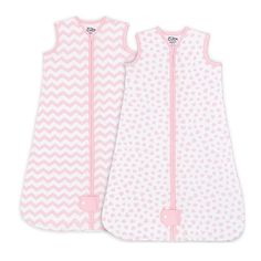 two baby sleeping bags with pink and white chevrons on the front, one is closed