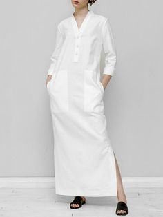 SkuCY-!130210MaterialRamie Cotton , >80%Cotton StyleLoose , Plus Size , Long Sleeves FeatureSplit-joint , Solid Color NecklineV-neck OccasionCasual , Urban , Simple SeasonsSpring , Summer , Autumn , Winter TypeMaxi Dresses ColorWHITE,BLACK,COFFEESizeS,M,L,XL,2XL,3XL,4XL,5XL Please consult the size chart we provide for this item's measurements to help you decide which size to buy.Please note: There may be 1-3cm differ due to manual measurement.CMINCHBustWaistShoulderSleeveLengthS9610038.7558.4126 Vestidos Retro, Dress Sleeve Length, White Cotton Dress, Cotton Linen Dresses, Vestidos Vintage, Dress Spring, White Midi Dress, White Maxi Dresses, Ladies Fashion