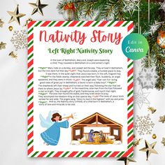 the nativity story for kids is shown with christmas decorations around it and an ornament