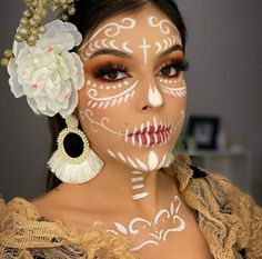 Catrina Makeup For Kids, White Catrina Makeup, Pink Catrina Makeup, Catrina Hairstyle, Catrina Makeup Half Face, Day Of The Dead Makeup Simple, Simple Day Of The Dead Makeup