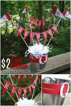 red and white party decorations with the words class reunion on them