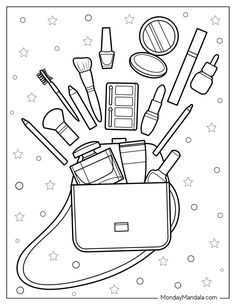 a bag full of makeup and cosmetics items coloring page with stars in the background for kids