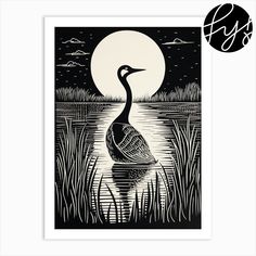 a black and white drawing of a bird sitting in the water at night with the moon behind it