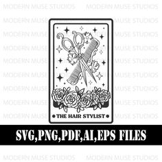 the hair stylist svg file is shown with scissors and roses on it