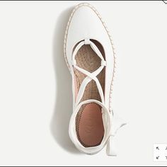 Stunning White Lace Up Espadrilles By J Crew White Ankle Strap Espadrilles For Vacation, White Espadrilles With Woven Sole And Ankle Strap, White Closed Toe Espadrilles With Rubber Sole, White Flat Espadrilles With Rubber Sole, White Flat Heel Espadrilles For Spring, White Espadrilles With Woven Sole For Spring, Casual Espadrilles With Ankle Strap And Rubber Sole, White Lace-up Espadrilles For Summer, White Lace-up Espadrilles For Beach