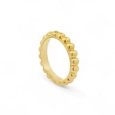 Embrace timeless elegance with this beautifully crafted Bubble Ring, a piece that epitomizes sophistication and style. The unique scalloped design offers a contemporary twist on classic luxury, making it the perfect accessory for those who appreciate fine craftsmanship. Width - 3.8mm Size - 5-12 Weight (approximate): 7-9.5grams Material: 14K Gold Elegant White Gold Stackable Dome Ring, Elegant Rings With Fluted Bezel, Elegant Round Ring With Fluted Bezel, Elegant Stackable Dome Ring For Formal Occasions, Elegant Stackable Dome Ring For Formal Events, Elegant Adjustable Open Band Dome Ring, Elegant Wedding Watch With Fluted Bezel, Elegant Wedding Jewelry With Fluted Bezel, Jewelry With Fluted Bezel For Gift