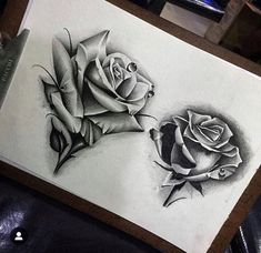 a drawing of two roses sitting on top of a piece of paper next to each other