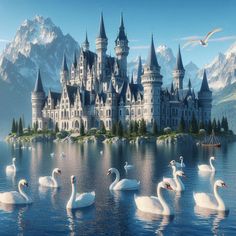 a castle with swans swimming in front of it