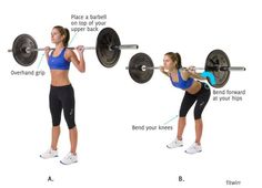 a woman doing squats with the barbell on her shoulders and holding a barbell behind her back