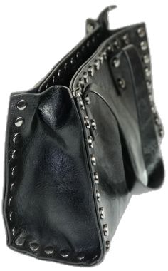 Black Punk Style Tote Shoulder Bag, Edgy Black Shoulder Bag With Removable Pouch, Edgy Black Bags With Silver-tone Hardware, Edgy Black Bag With Silver-tone Hardware, Edgy Shoulder Bag With Gunmetal Hardware For Travel, Edgy Shoulder Bag With Gunmetal Hardware For Daily Use, Edgy Faux Leather Bag With Zipper, Edgy Everyday Bags With Rivets, Edgy Faux Leather Bag With Zipper Closure