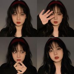 four different pictures of a woman with long black hair and wearing a red headband