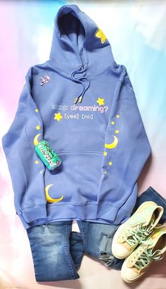 Blue Cotton Kawaii Hoodie, Kawaii Blue Cotton Hoodie, Blue Harajuku Cotton Sweatshirt, Blue Cotton Harajuku Sweatshirt, Blue Long Sleeve Kawaii Sweatshirt, Blue 90s Crew Neck Hoodie, 90s Blue Crew Neck Hoodie, Cute Blue Crew Neck Hoodie, 90s Blue Cotton Hoodie