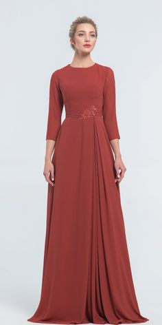 Modest Chiffon Rust Colored Bridesmaid Dresses with Sleeves Chiffon Dress With 3/4 Sleeves For Formal Occasions, Chiffon Dress With 3/4 Sleeves For Formal Events, Formal Chiffon Dress With 3/4 Sleeves, Elegant Half Sleeve Chiffon Dresses, Bridesmaids Gowns With Sleeves, Women Dresses Casual Summer, Long Sleeve Bridesmaid Dress, Fall Bridesmaid Dresses, Bridesmaid Dresses With Sleeves