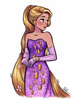 a drawing of rappui from tangled hair with long blonde hair and purple dress