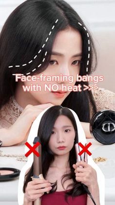 Bangs Ideas For Big Forehead, How To Style Face Framing Bangs, Heatless Bangs Styling, Simple Easy Hairstyles For Medium Hair, Heatless Curtain Bangs, Korean Cute Hairstyles, Face Frame Bangs, Korean Hair Ideas, Straight Hairstyles With Bangs