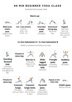 the 30 minute beginner yoga class for beginners is shown in this poster, with instructions