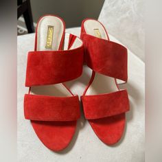 New. Size 8. Red Suede Leather Uppers. 3” Heels. These Are New But Have Been Tried On In Store, Slight Evidence Of Such Just On Bottoms. See Pics. Summer Slip-on Heels With Red Sole, Spring High Heel Mules With Red Sole, Chic Red Closed Toe Mules, Elegant Red Slip-on Sandals, Red Summer Heels For Formal Occasions, Red Formal Sandals For Summer, Summer Red Sole Suede Heels, Summer Suede Heels With Red Sole, Red Slip-on Sandals For Evening