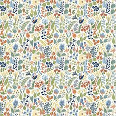 an intricately designed wallpaper with colorful flowers and leaves in blue, green, red, yellow and orange colors