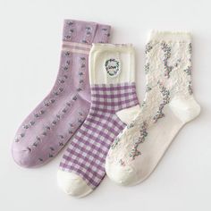 Trendy Purple Cotton Socks, Cute Cotton Socks For Spring, Socks Aesthetic, Purple Gingham, Flower Socks, Cottagecore Fashion, Cottagecore Style, Fits Clothes, Lace Socks