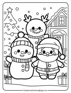 Coloring page featuring a cheerful snowman, a jolly Santa Claus, and a reindeer, set against a winter backdrop with a Christmas tree and presents. Perfect for festive holiday activities and creativity. Squishmallows Drawing, Squishmallow Coloring Pages, Squishmallow Christmas, Cute Animals Coloring Pages, Make Christmas Special, Cute Animals Coloring, Student Crafts, Animals Coloring Pages, Festive Outfits