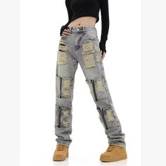 American Streetwear Distressed Denim Jeans, and we will show you the upper body pictures of men and women，this is a versatile and trendy choice for both men and women. These jeans feature an authentic streetwear vibe with a distressed and worn-in look, exuding an edgy and cool style. Crafted with premium quality denim, the jeans offer both durability and comfort for everyday wear. The multiple pocket design adds a touch of functionality and utility, making them not only fashionable but also prac Women Cargo Pants, Streetwear Jeans, Denim Collection, Distressed Denim Jeans, Young Men, Outfit Combinations, Denim Design, Type Of Pants, Vintage Streetwear