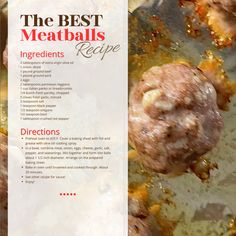 meatballs cooking in a pan with sauce and seasoning on the side, as well as instructions for how to cook them