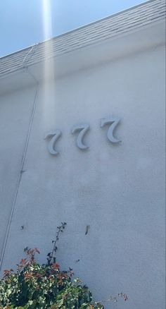 the letters are etched into the side of a building's stucco wall, which has vines growing on it