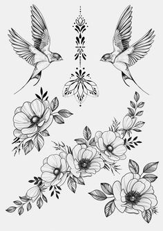 some flowers and birds flying around