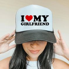 I Love My Girlfriend Trucker Hat - printwithsky - y2k Hat Trendy Black Trucker Hat As Gift, Letter Print Trucker Hat With Curved Brim, Trendy Letter Print Hat For Gift, Trendy Black Snapback Hat As Gift, Funny Hats With Letter Print As Gift, Funny Letter Print Hat As Gift, Funny Letter Print Hats As Gifts, Funny Letter Print Hats For Gift, Trendy Personalized Baseball Cap