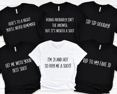 "These custom 21st Birthday group matching shirts will be the comfiest ones you own! Each one can be customized with a funny saying and makes the perfect choice to celebrate your 21st birthday! ★ This listing is for ONE (1) Adult Unisex Shirt ★ Black and Deep Heather shirts are printed with white lettering. White and Athletic Heather shirts are printed with black lettering. Want a different color shirt? Want a different print color? Just ask! Sizes available are Unisex Adult XS-3XL Please make sure to read all of the instructions before placing your order! **HOW TO ORDER** - Select your shirt color from the drop down menu - Select your size - Enter your custom funny saying in the \"Add your personalization\" box. Need help choosing? Let me know how many are in your group and I will create Reputation Bachelorette, Its My 21st Birthday, Bach Tshirts, Bachelorette Party Tshirt, Bachelorette Party Tshirts, Taylor Swift Birthday Party Ideas, Taylor Swift Birthday Party, 21st Birthday Shirts, Funny Bachelorette