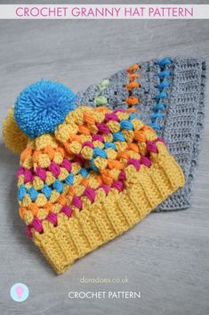 crochet granny hat pattern with pom - pom in yellow, blue and orange