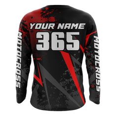 the back of a black and red long sleeve shirt that says your name, 350