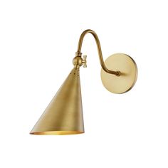 a brass wall light with an arm and a cone shaped shade on the back of it