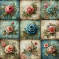 many different images of roses on paper with leaves and flowers in the middle one is blue